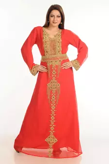 Red Zari Work Stones & Beads Embellish Georgette  Islamic Style Arabian Maxi Partywear Kaftan