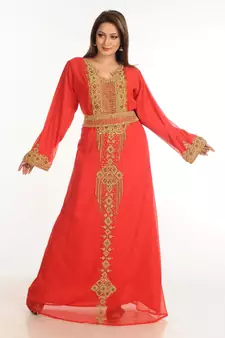 Red Zari Work Stones & Beads Embellish Georgette  Islamic Style Arabian Maxi Partywear Kaftan