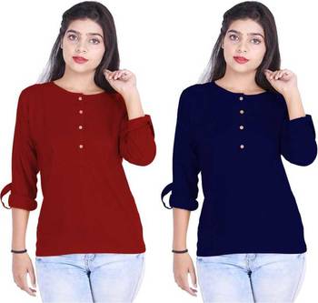 Kevat Gems Casual Roll-up Sleeve Solid Women Brown&Navy Blue Rayon Top (Pack Of 2) 1