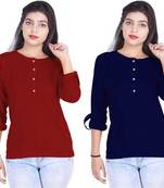 Kevat Gems Casual Roll-up Sleeve Solid Women Brown&Navy Blue Rayon Top (Pack Of 2)