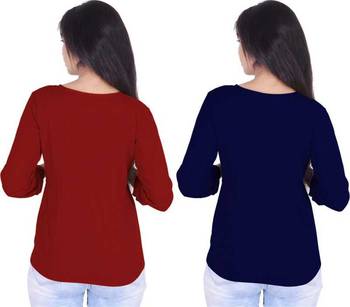 Kevat Gems Casual Roll-up Sleeve Solid Women Brown&Navy Blue Rayon Top (Pack Of 2) 2