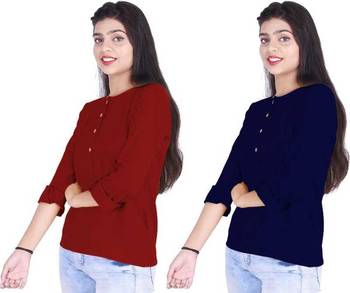 Kevat Gems Casual Roll-up Sleeve Solid Women Brown&Navy Blue Rayon Top (Pack Of 2) 3
