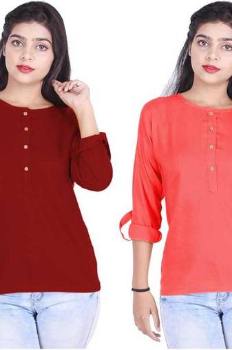 Kevat Gems Casual Roll-up Sleeve Solid Women Brown&Red Cherry Rayon Top (Pack Of 2)