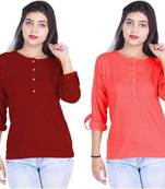 Kevat Gems Casual Roll-up Sleeve Solid Women Brown&Red Cherry Rayon Top (Pack Of 2)
