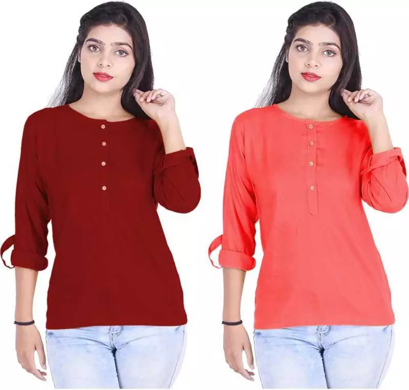 Kevat Gems Casual Roll-up Sleeve Solid Women Brown&Red Cherry Rayon Top (Pack Of 2)