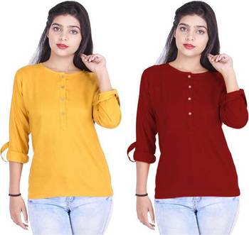 Kevat Gems Casual Roll-up Sleeve Solid Women Mustured&Brown Rayon Top (Pack Of 2) 1