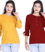 Kevat Gems Casual Roll-up Sleeve Solid Women Mustured&Brown Rayon Top (Pack Of 2)