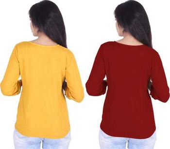 Kevat Gems Casual Roll-up Sleeve Solid Women Mustured&Brown Rayon Top (Pack Of 2) 2