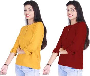 Kevat Gems Casual Roll-up Sleeve Solid Women Mustured&Brown Rayon Top (Pack Of 2) 3