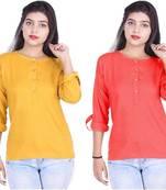 Kevat Gems Casual Roll-up Sleeve Solid Women Mustured&Red Cherry Rayon Top (Pack Of 2)