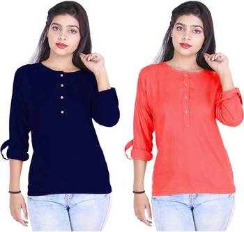 Kevat Gems Casual Roll-up Sleeve Solid Women Navy Blue&Red Cherry Rayon Top (Pack Of 2) 1