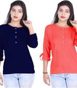Kevat Gems Casual Roll-up Sleeve Solid Women Navy Blue&Red Cherry Rayon Top (Pack Of 2)