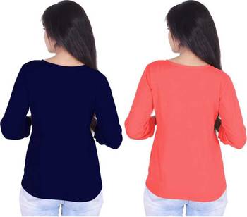Kevat Gems Casual Roll-up Sleeve Solid Women Navy Blue&Red Cherry Rayon Top (Pack Of 2) 2