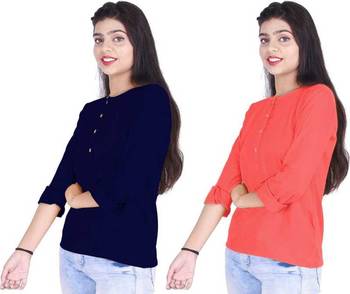 Kevat Gems Casual Roll-up Sleeve Solid Women Navy Blue&Red Cherry Rayon Top (Pack Of 2) 3
