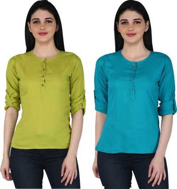 Kevat Gems Casual Roll-up Sleeve Solid Women Green&Blue Rayon Top (Pack Of 2) 1