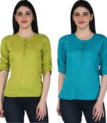 Kevat Gems Casual Roll-up Sleeve Solid Women Green&Blue Rayon Top (Pack Of 2)