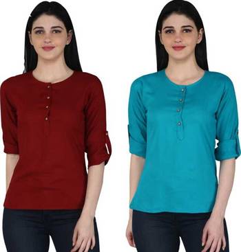 Kevat Gems Casual Roll-up Sleeve Solid Women Brown&Blue Rayon Top (Pack Of 2) 1
