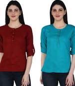 Kevat Gems Casual Roll-up Sleeve Solid Women Brown&Blue Rayon Top (Pack Of 2)