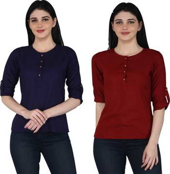 Kevat Gems Casual Roll-up Sleeve Solid Women Navy Blue&Brown Rayon Top (Pack Of 2) 1