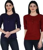 Kevat Gems Casual Roll-up Sleeve Solid Women Navy Blue&Brown Rayon Top (Pack Of 2)