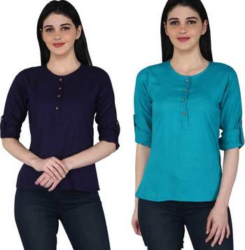 Kevat Gems Casual Roll-up Sleeve Solid Women Navy Blue&Blue Rayon Top (Pack Of 2) 1