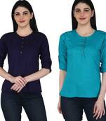 Kevat Gems Casual Roll-up Sleeve Solid Women Navy Blue&Blue Rayon Top (Pack Of 2)