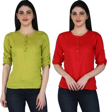Kevat Gems Casual Roll-up Sleeve Solid Women Green&Red Rayon Top (Pack Of 2) 1