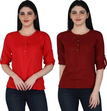 Kevat Gems Casual Roll-up Sleeve Solid Women Red&Brown Rayon Top (Pack Of 2) 1