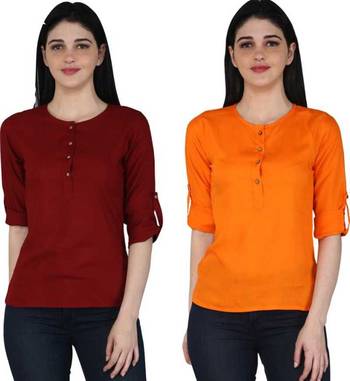 Kevat Gems Casual Roll-up Sleeve Solid Women Brown&Orange Rayon Top (Pack Of 2) 1