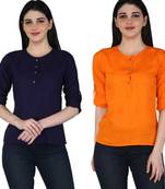 Kevat Gems Casual Roll-up Sleeve Solid Women Navy Blue&Orange Rayon Top (Pack Of 2)