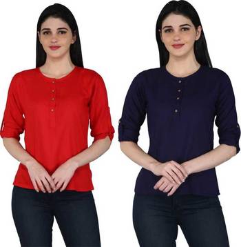 Kevat Gems Casual Roll-up Sleeve Solid Women Red&Navy Blue Rayon Top (Pack Of 2) 1