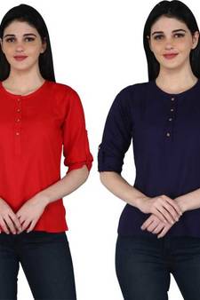 Kevat Gems Casual Roll-up Sleeve Solid Women Red&Navy Blue Rayon Top (Pack Of 2)