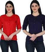 Kevat Gems Casual Roll-up Sleeve Solid Women Red&Navy Blue Rayon Top (Pack Of 2)