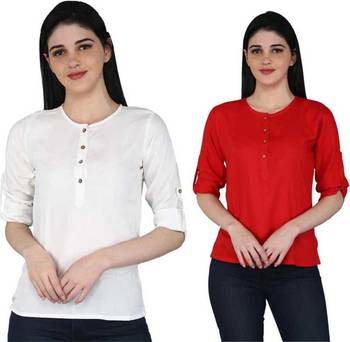 Kevat Gems Casual Roll-up Sleeve Solid Women White&Red Rayon Top (Pack Of 2) 1