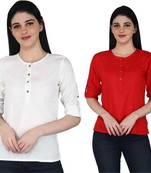Kevat Gems Casual Roll-up Sleeve Solid Women White&Red Rayon Top (Pack Of 2)