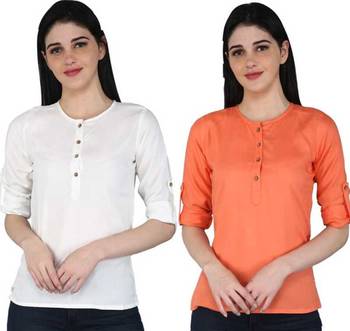 Kevat Gems Casual Roll-up Sleeve Solid Women White&Peach Rayon Top (Pack Of 2) 1