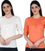 Kevat Gems Casual Roll-up Sleeve Solid Women White&Peach Rayon Top (Pack Of 2)