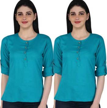 Kevat Gems Casual Roll-up Sleeve Solid Women Light Blue Rayon Top (Pack Of 2) 1
