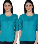 Kevat Gems Casual Roll-up Sleeve Solid Women Light Blue Rayon Top (Pack Of 2)