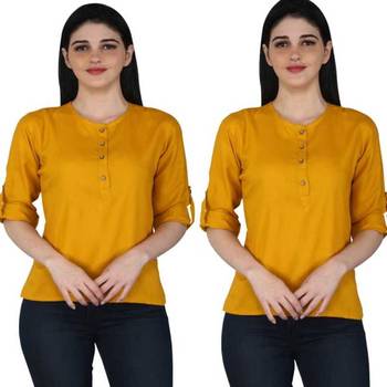 Kevat Gems Casual Roll-up Sleeve Solid Women Mustard Rayon Top (Pack Of 2) 1