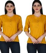 Kevat Gems Casual Roll-up Sleeve Solid Women Mustard Rayon Top (Pack Of 2)