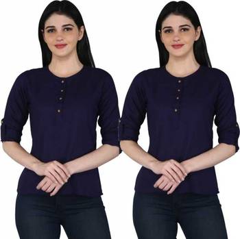 Kevat Gems Casual Roll-up Sleeve Solid Navy blue Rayon Top (Pack Of 2) 1