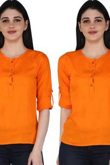 Kevat Gems Casual Roll-up Sleeve Solid Orange Rayon Top (Pack Of 2)