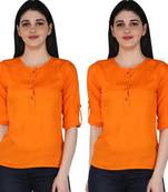 Kevat Gems Casual Roll-up Sleeve Solid Orange Rayon Top (Pack Of 2)