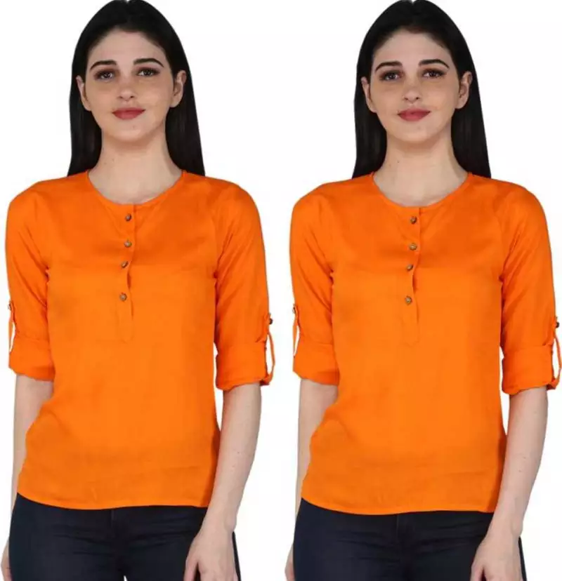 Kevat Gems Casual Roll-up Sleeve Solid Orange Rayon Top (Pack Of 2)
