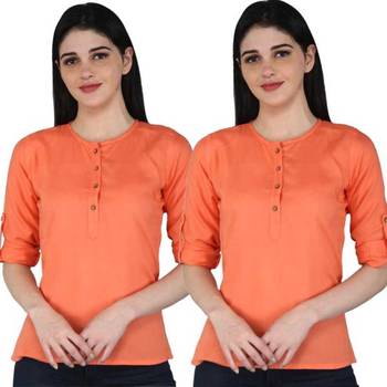 Kevat Gems Casual Roll-up Sleeve Solid Peach Rayon Top (Pack Of 2) 1