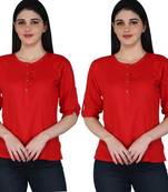 Kevat Gems Casual Roll-up Sleeve Solid Red Rayon Top (Pack Of 2)