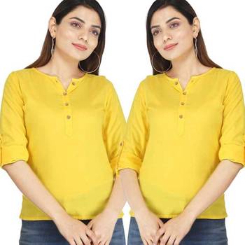 Kevat Gems Casual Roll-up Sleeve Solid Yellow Rayon Top (Pack Of 2) 1