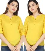 Kevat Gems Casual Roll-up Sleeve Solid Yellow Rayon Top (Pack Of 2)