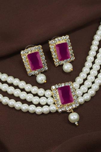 Gold Plated Traditional Handcrafted Ruby Stone Beaded Choker with Earrings For Women/Girls (ML237Q)